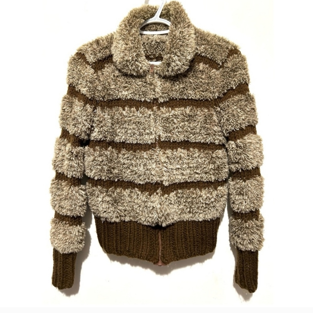 Vintage 70s Cardigan Coat Fuzzy Stripe Brown Taupe Zip Front Handmade XS/S
